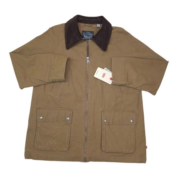 Levis Mens XL Brown Canvas Jacket With Corduroy Collar & Dual Front Pockets Zip